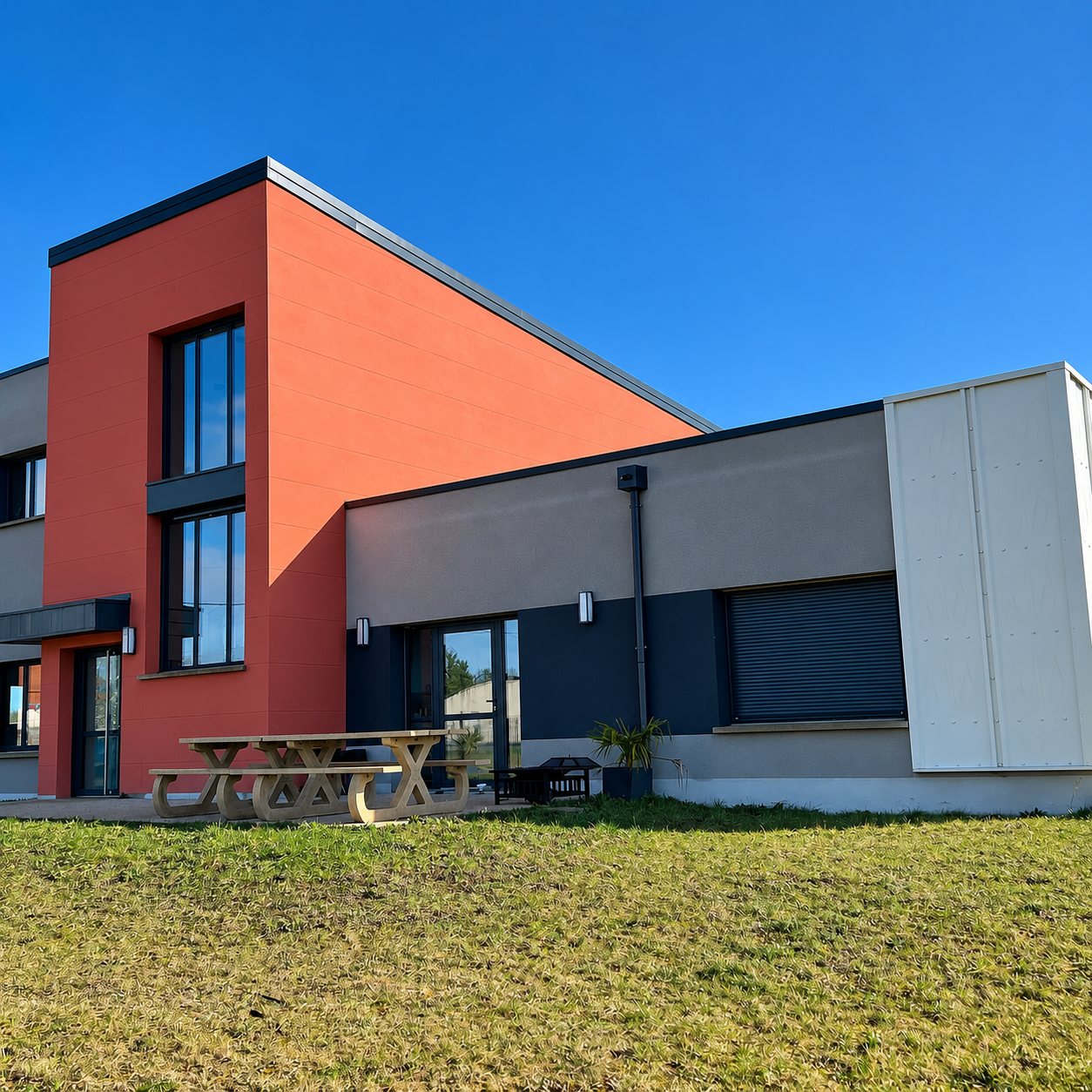 Façade d'un bâtiment moderne aux murs orange et gris sous un ciel bleu, avec une table de pique-nique en bois posée devant sur l'herbe.