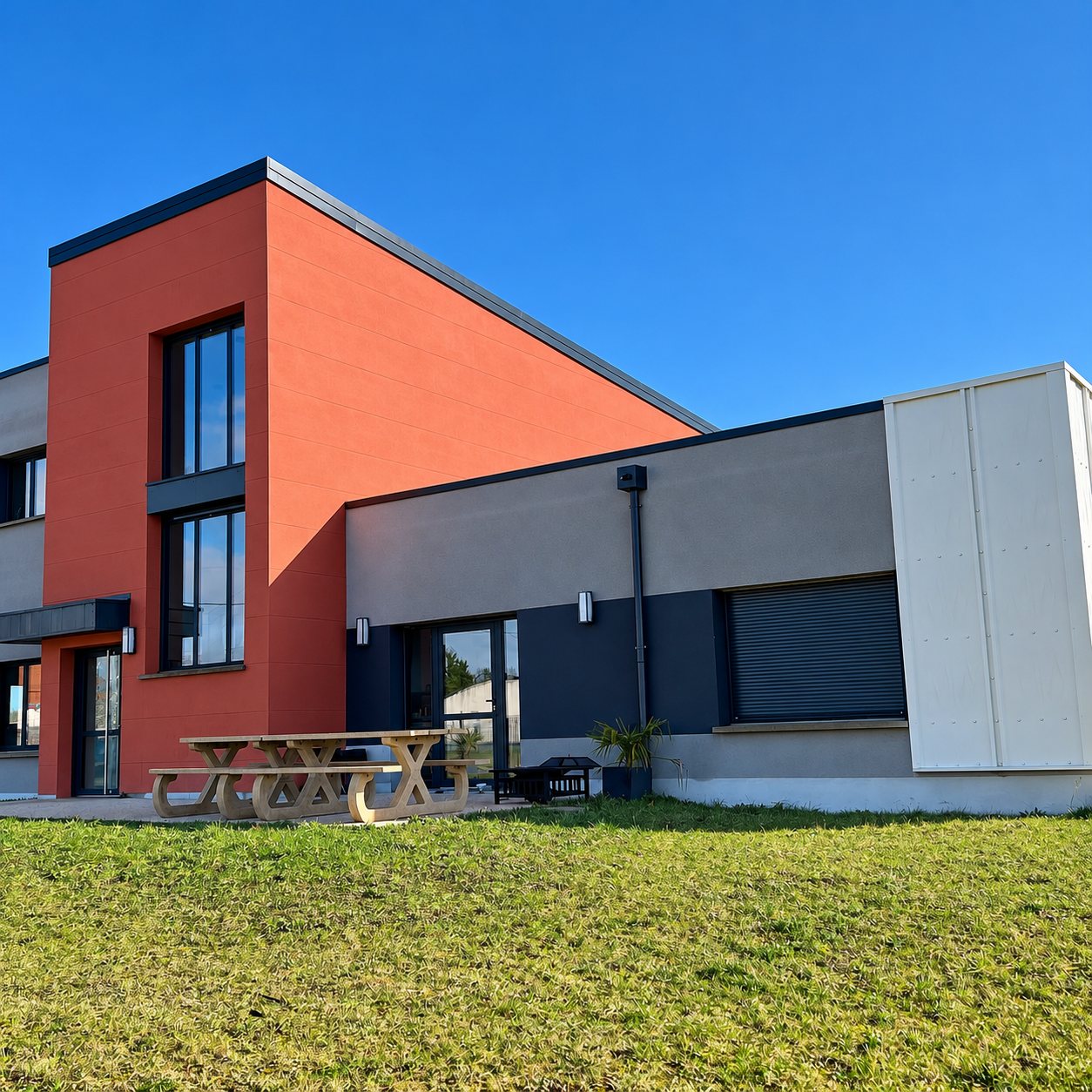 Façade d'un bâtiment moderne aux murs orange et gris sous un ciel bleu, avec une table de pique-nique en bois devant une pelouse.