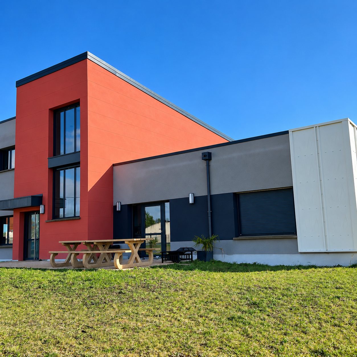 Façade d'un bâtiment moderne aux murs orange et gris sous un ciel bleu, avec une table de pique-nique en bois posée devant sur la pelouse.